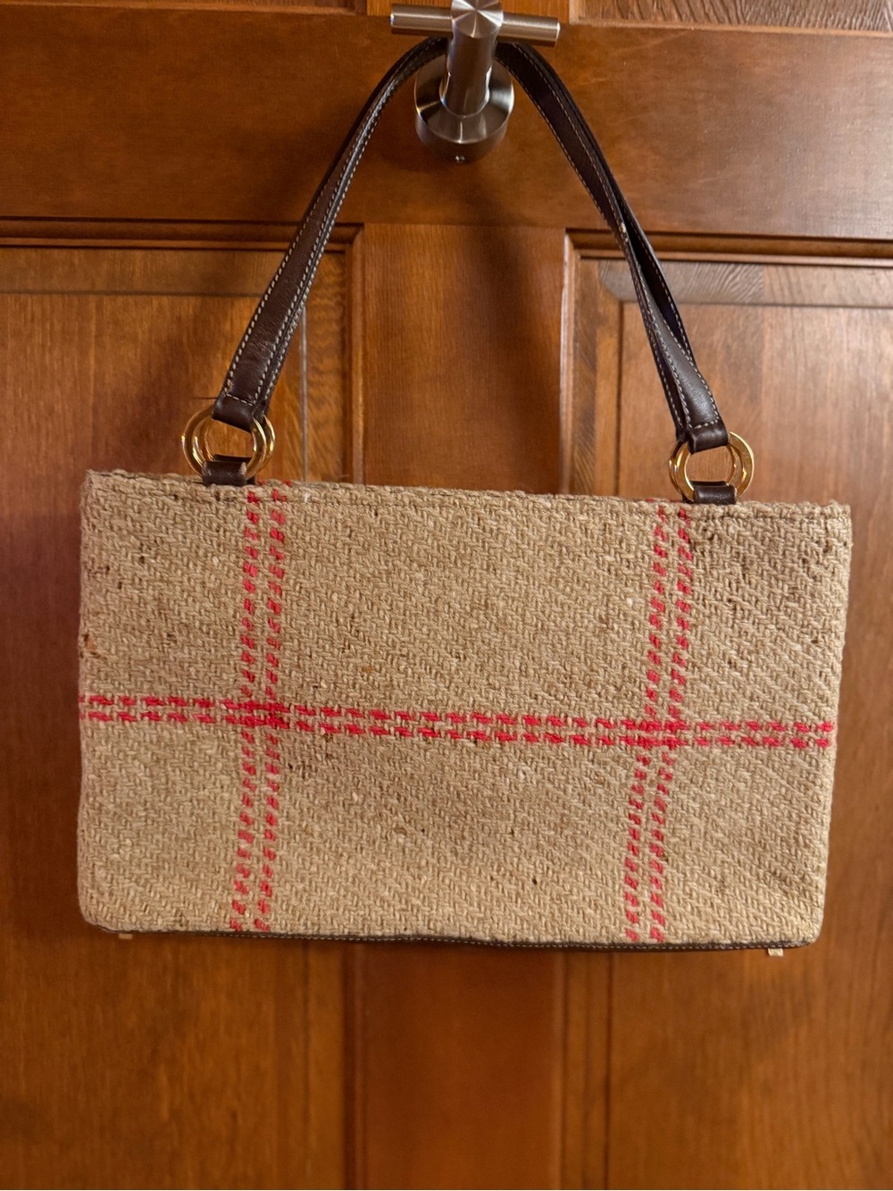 kate spade VINTAGE Made in Italy Beige Tweed Pink Plaid Suede Interior Gold Feet - Picture 2 of 14